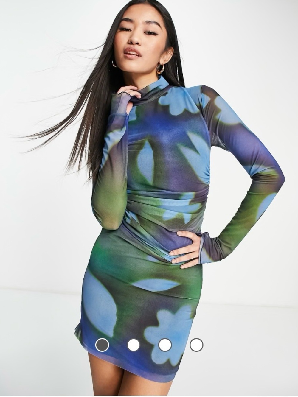 Pull&Bear Blue and Green Floral-Print Mini Dress